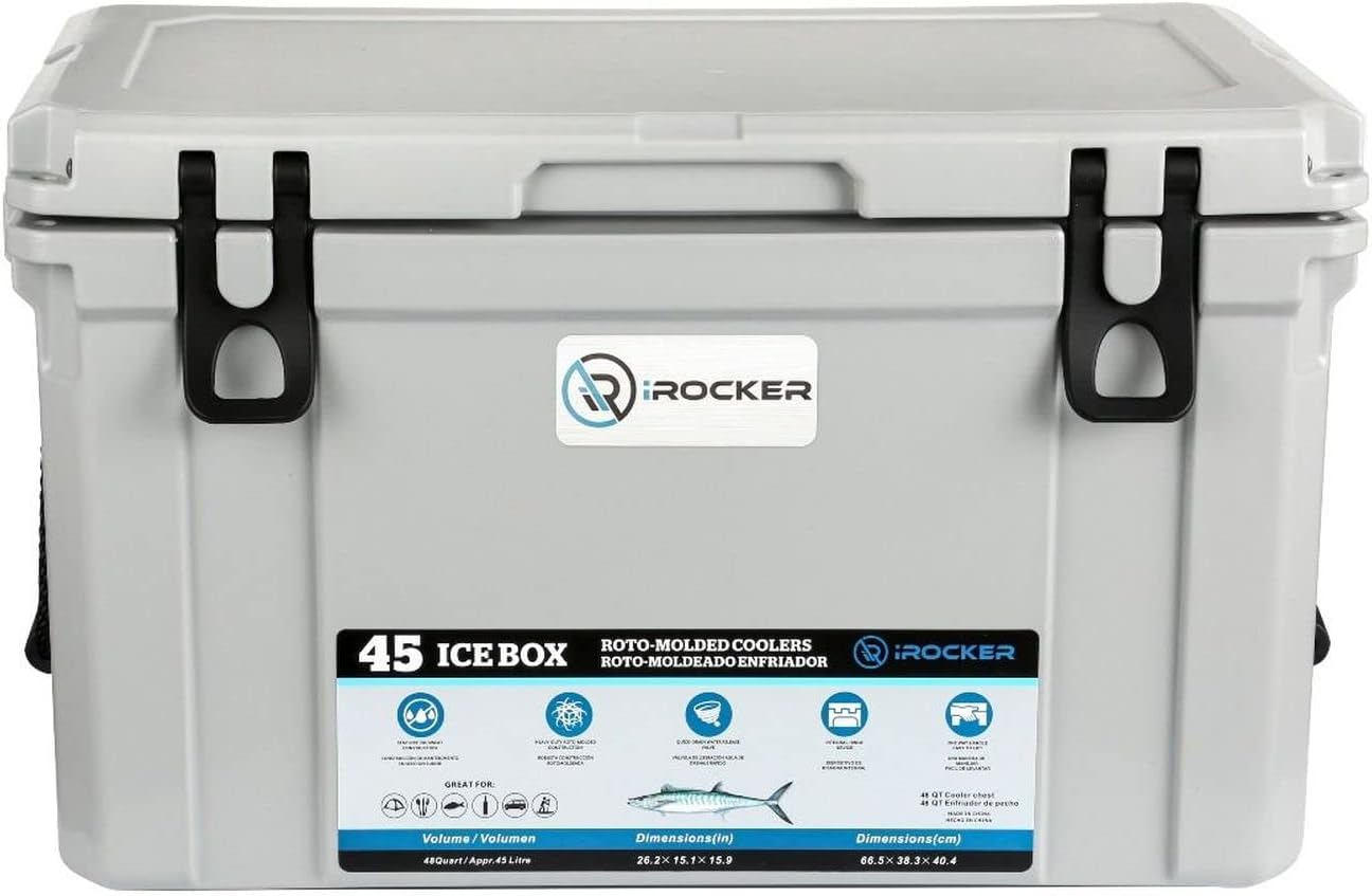 iROCKER 45L Roto-Molded Cooler, Heavy Duty Ice Box Equipped with Quick Drain Water Release Valve, 26" x W 15" x H 16"