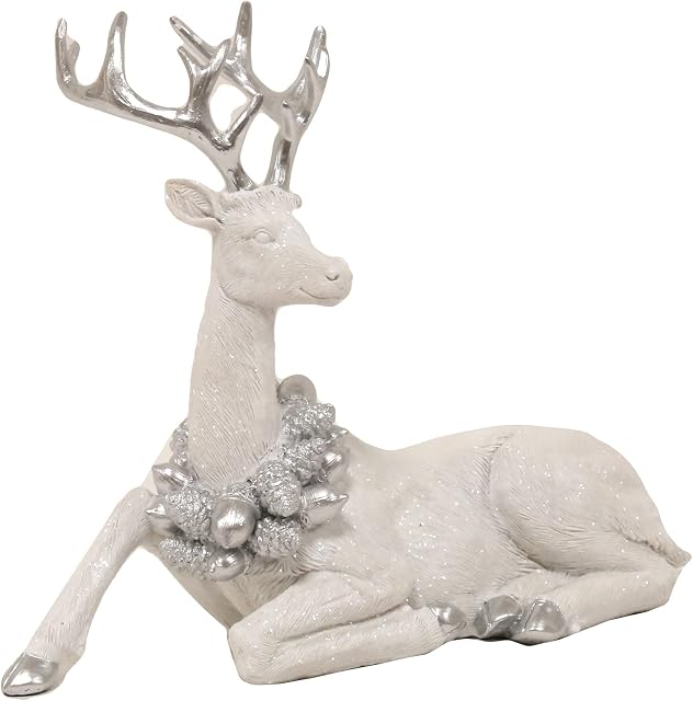 Large White Silver Stag Deer Reindeer with Wreath Figurine Ornament 21cm Tall x 23cm Wide