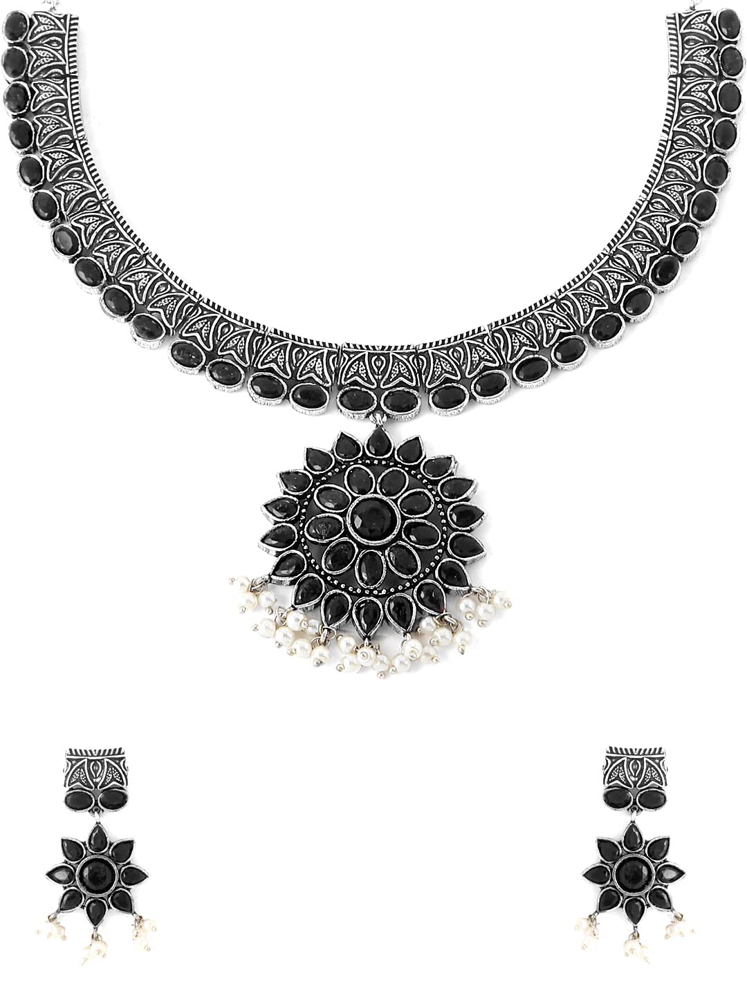 Yellow Chimes Oxidised Silver Jewellary Set for Women Ethnic Black Stone Studed Choker Necklace Set for Women And Girls (B09VH1F1TD) Amazon Price History, Amazon Price Tracker