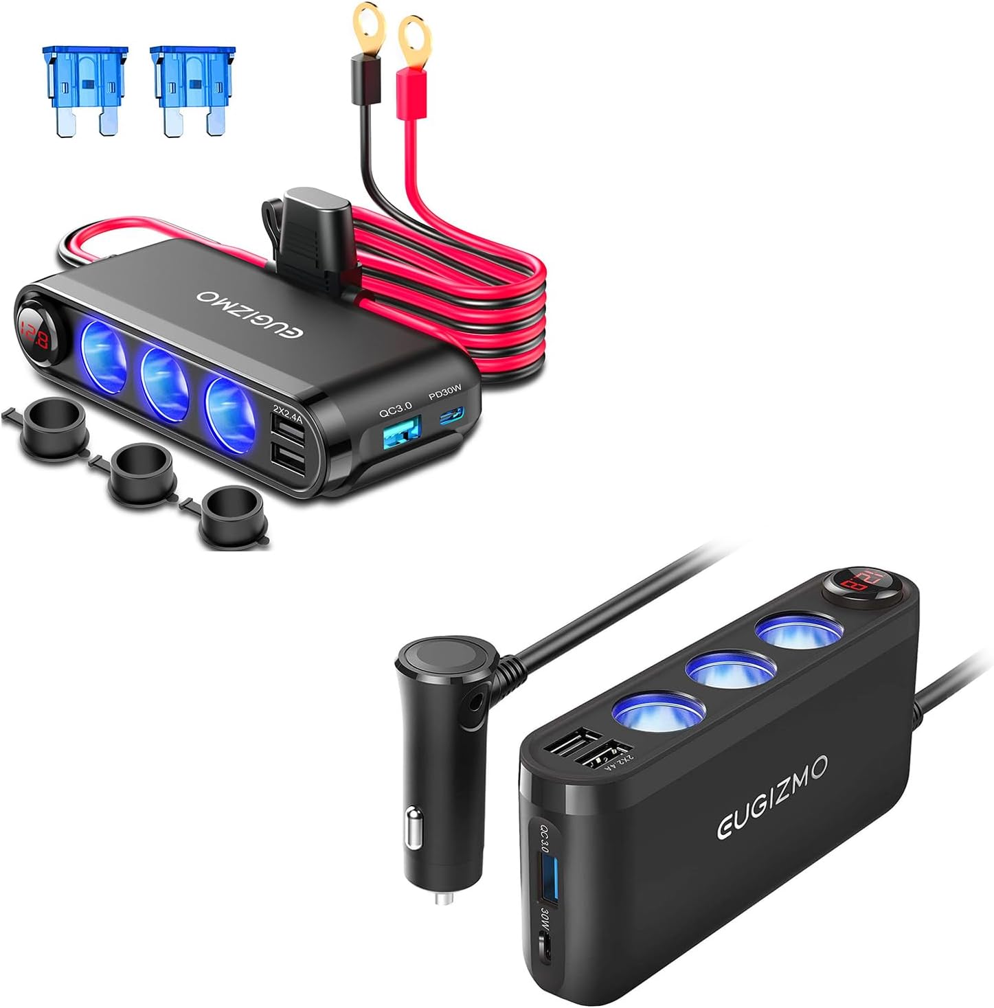 Car Cigarette Lighter Splitter Quick Charge 3.0 and USB C Charger 20W Cigarette Lighter Adapter 12 Volt Socket Power Outlet Auxiliary with Eyelet Terminal (Red)