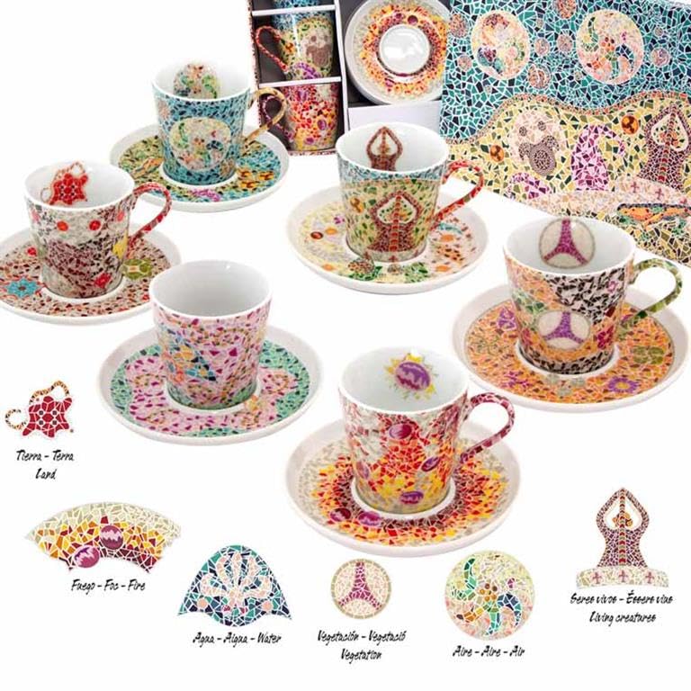 DRW Set 6 Tazze con Piatto in Porcellana Elementi Gaudi Tazza: 9 x 8 cm, Multicolore, Medidas: Taza: 9x8x8 cm
