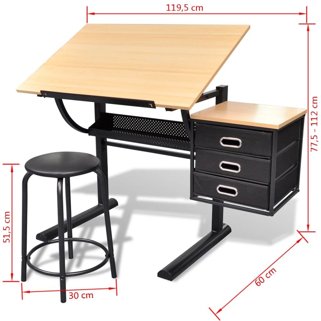 mewmewcat Table à Dessin, Tableau Inclinable avec 3 Tiroirs et Tabouret pour Dessiner MDF 119,5 x 60 x 106 (L x P x H)