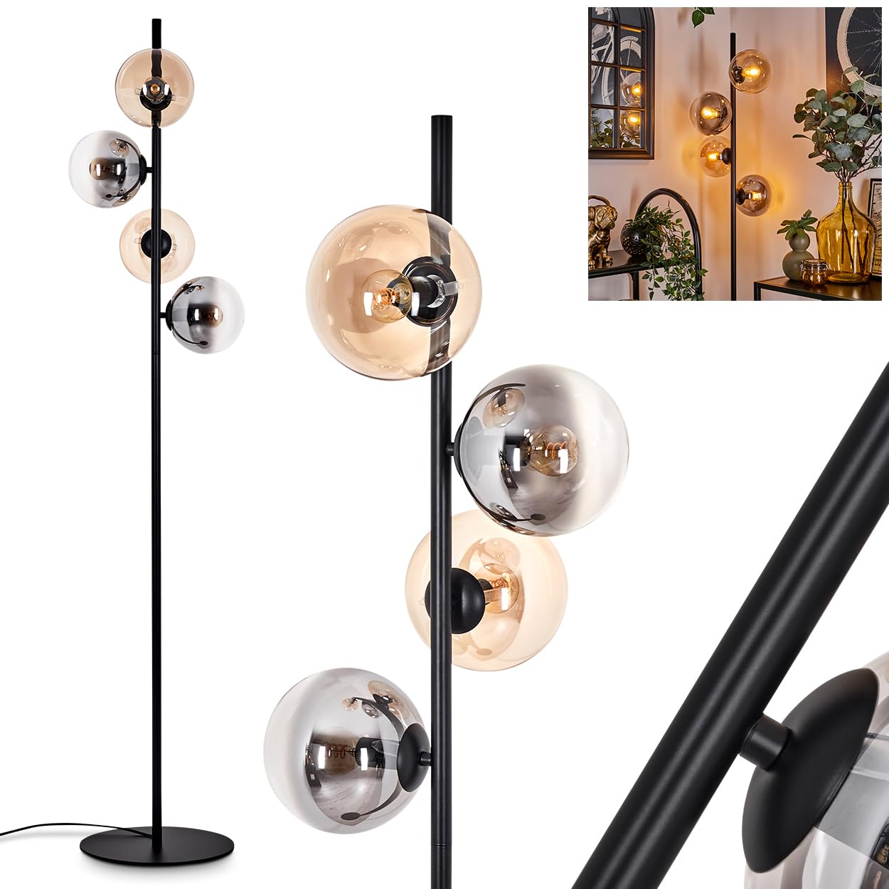 Stehleuchte Gastor, Stehlampe aus Metall/Glas in Schwarz/Rauchfarben/Bernstein, Leuchte im Retro/Vintage-Design mit Schirmen aus Glas (Ø 15 cm) u. Fußschalter, Höhe 160 cm, 4 x E14, ohne Leuchtmittel
