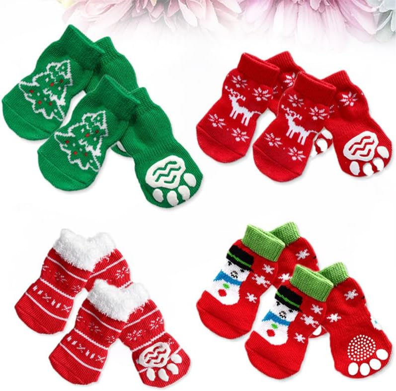 HANABASS 4 Pairs Christmas Dog Socks Non Slip Dog Socks Paw Protector for Small Medium Large Senior s (Size)