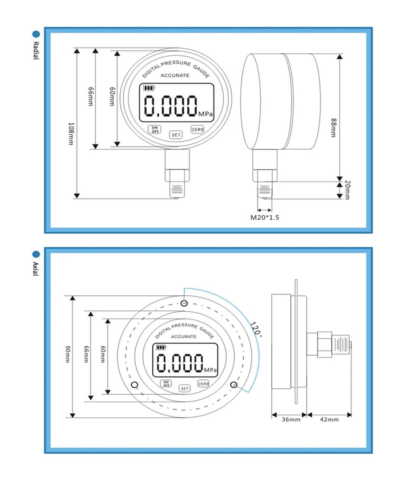 Digital Hydraulic Pressure Gauge for Water Air 304 Stainless Steel 60mm Radial Liquid Manometer 60Mpa 1000Psi Kpa (Color : 60mm dial M20-1.5, Size : 0-40MPa)