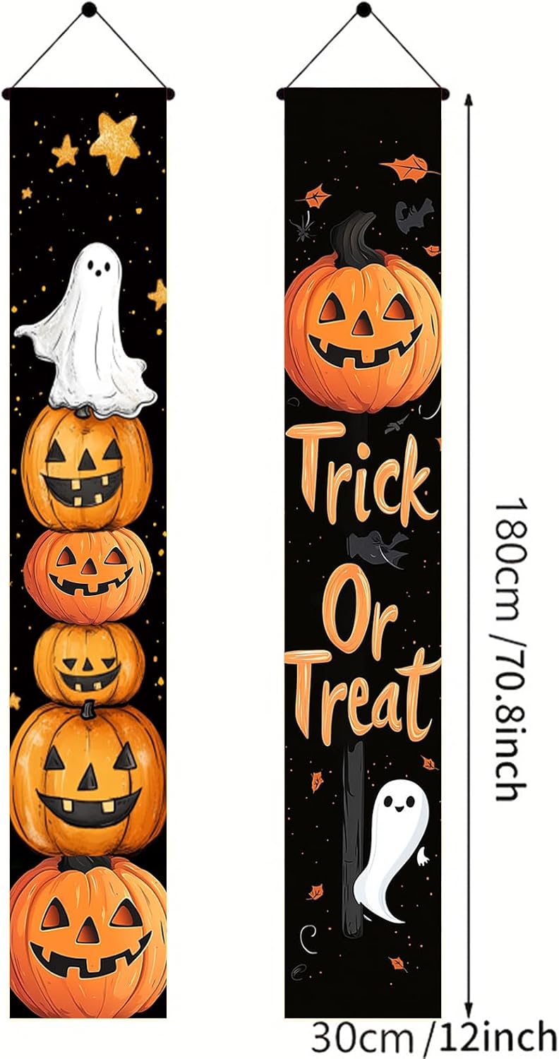 BlissYard Halloween Porch Banner 12x71 Inch Trick or Treat Door Sign Jack O Lantern Pumpkin Outdoor Hanging Decoration Happy Halloween Vertical Yard Flag for Home Party Entryway