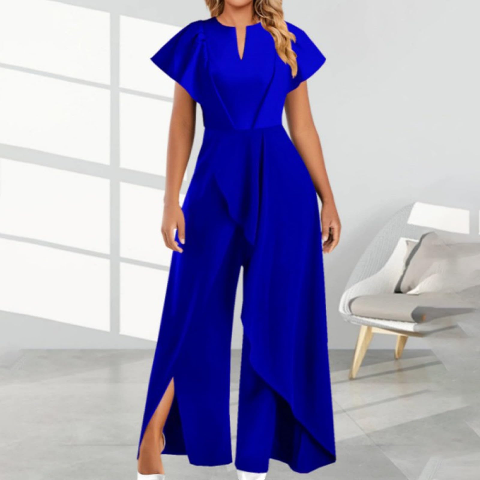 Combinaison Femme Élégante Combinaison D'été Pour Femme, Combinaisons Elastique Avec Longue Jambe Large Taille Smockée Costume Femmes Léger Loose Respirant Pour Bureau Soirée Mariage Travail