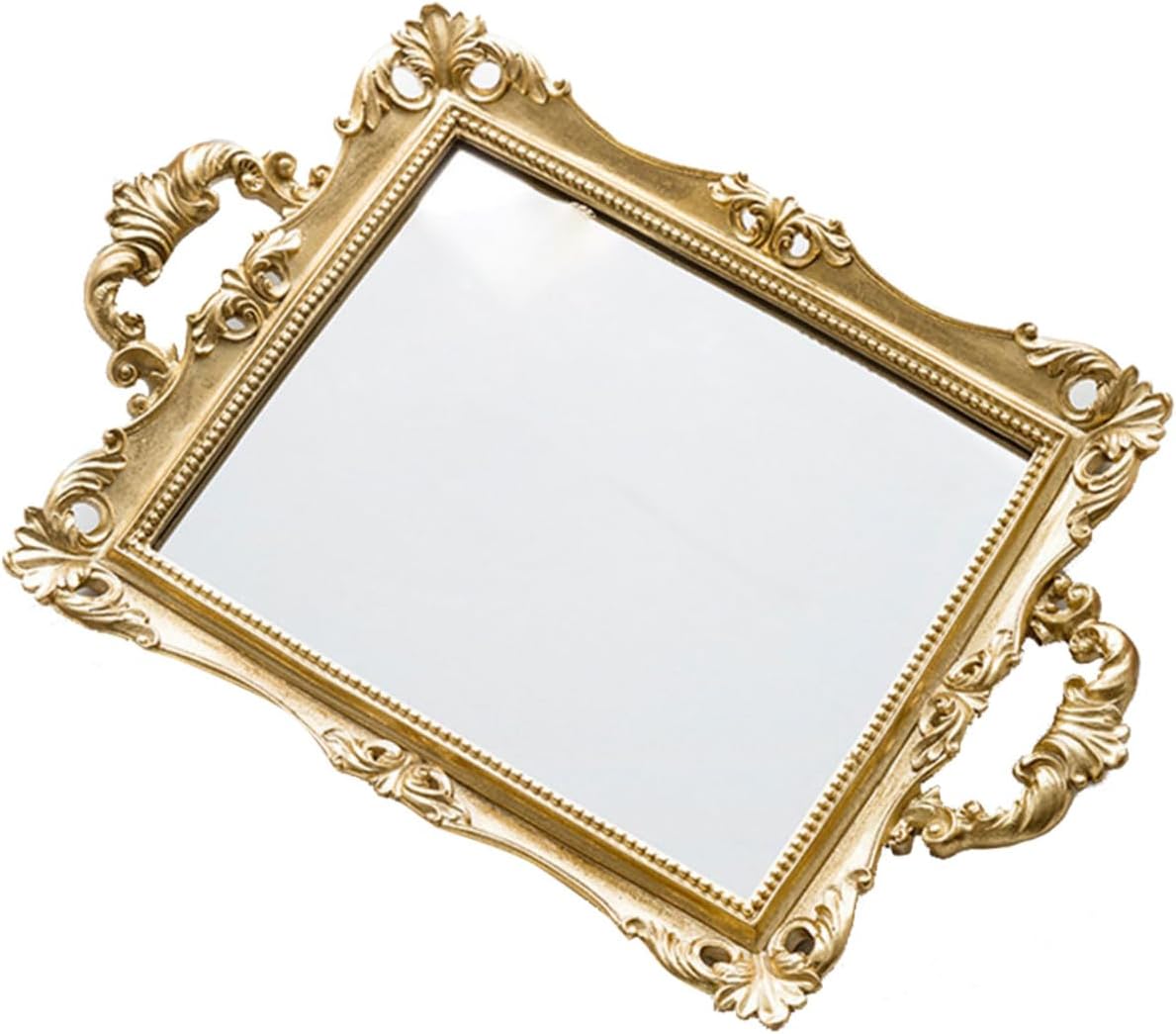 Retro Carved Mirror Tray Vintage Resin Decorative Storage Plate Golden Wedding Dressing Table Organizer for Home Décor