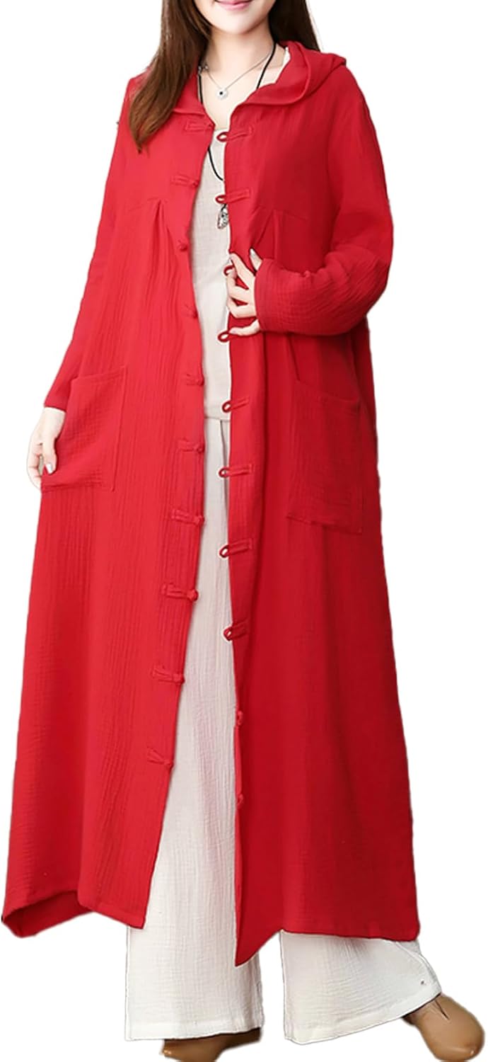 LUZU JUNU Women's Trench Coat Cotton Linen Hoodie Jacket Long Sleeve Chinese Frog Button Outwear with Pocket