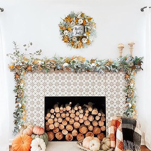 Image of Thanksgiving Fall Wreath, Eucalyptus Berries Pumpkins Lamb Ears Leaves Autumn Wreaths for Front Door, Fall Decor, Porch Wall, Home Outdoor Holiday Decorations (Pumpkin Garland)