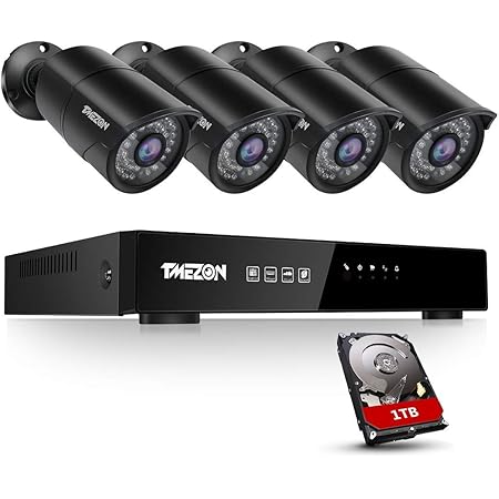 TMEZON 500万画素 防犯カメラ 500万 POE給電 赤外線LED36個 夜間撮影機能 防水 室内室外 3.6mmレンズ 監視カメラ4台 増設用＋8CH NVR 1080Pレコーダー スマートフォン遠隔監視機能 録画機能搭載 セキュリティ防犯 無料アプリ 日本語インターフェース 日本語取扱説明書 (8CH+4CA 1TB HDD)