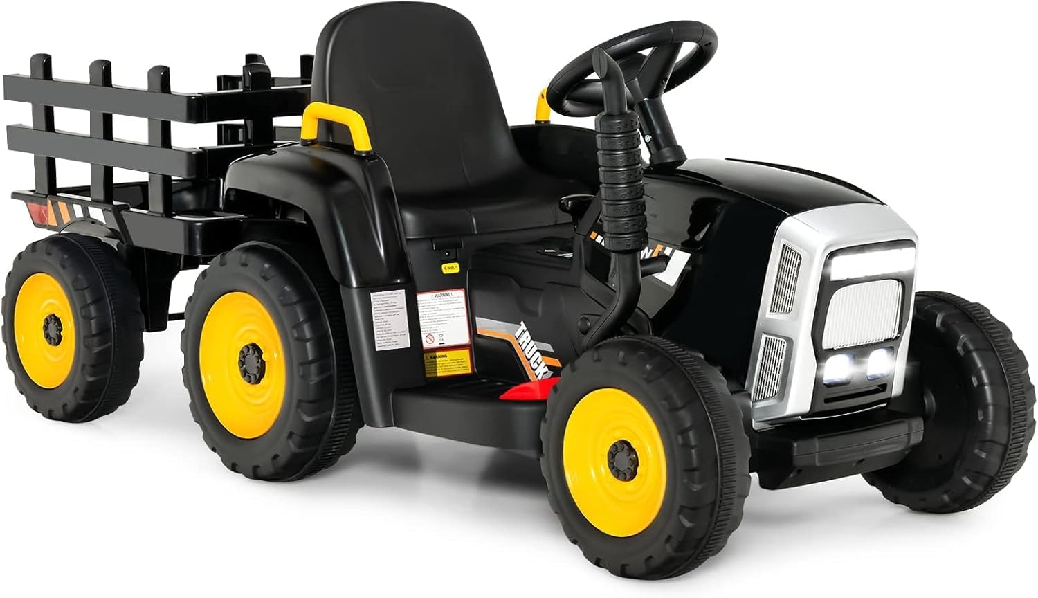 FANTASK Trattore con rimorchio rimovibile e telecomando da 2,4 G, trattore per bambini regolabile in velocità 12 V con luce LED, musica, clacson e funzioni USB, adatto per bambini dai 3 anni in su