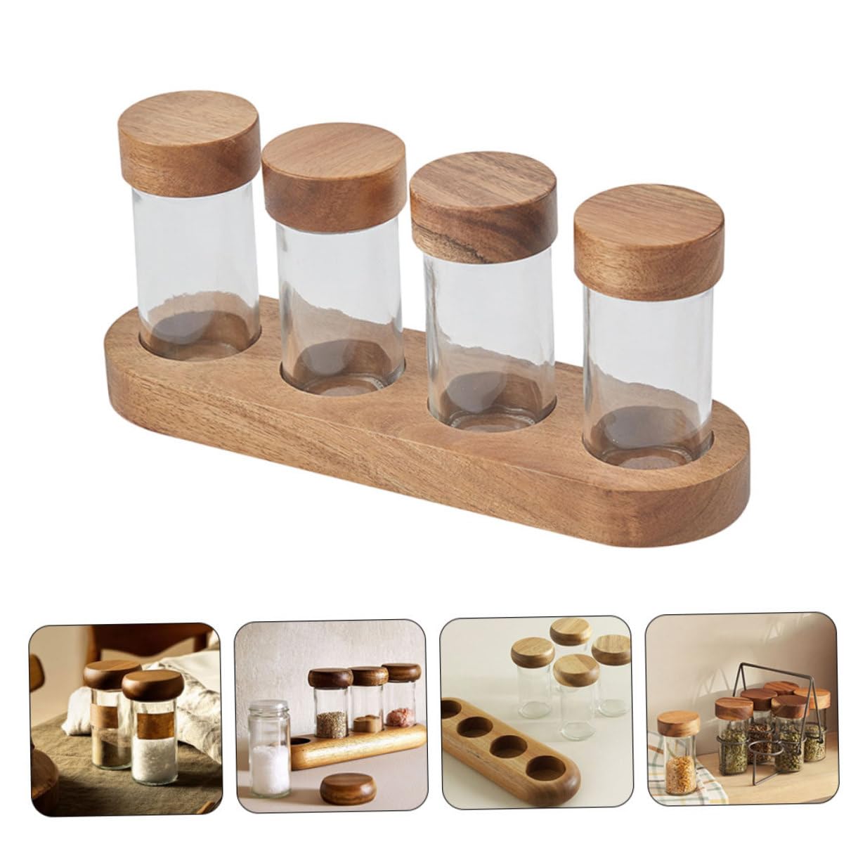 Contenitore in Vetro per Spezie con Coperchio in Legno di Acacia e Vassoio Barattolo Ermetico per Condimenti Design Compatto e Resistente per Cucina e Barbecue all Aperto
