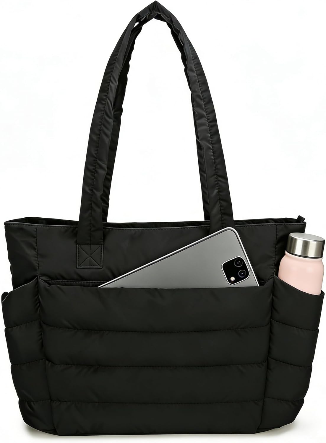 Urbanstand Tote Bag for Women - Lightweight Puffer Tote Work Bags with Compartments, Quilted Shoulder Bag for Nurse, Office, Travel, Gym, Black