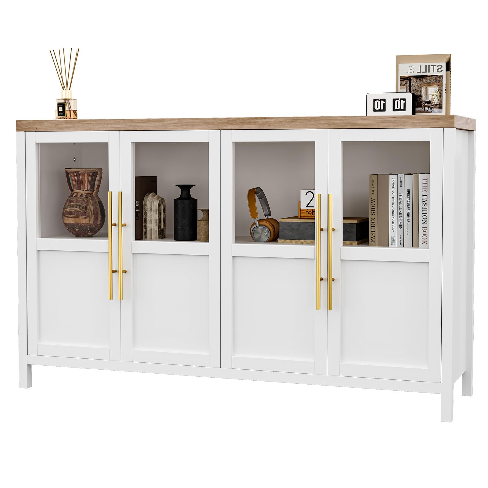 GAOMON 55" Large Buffet Sideboard Cabinet with 4 Glass Doors and Shelves, Modern Farmhouse Storage Cabinet Table for Kitchen Dining Room, Living Room,