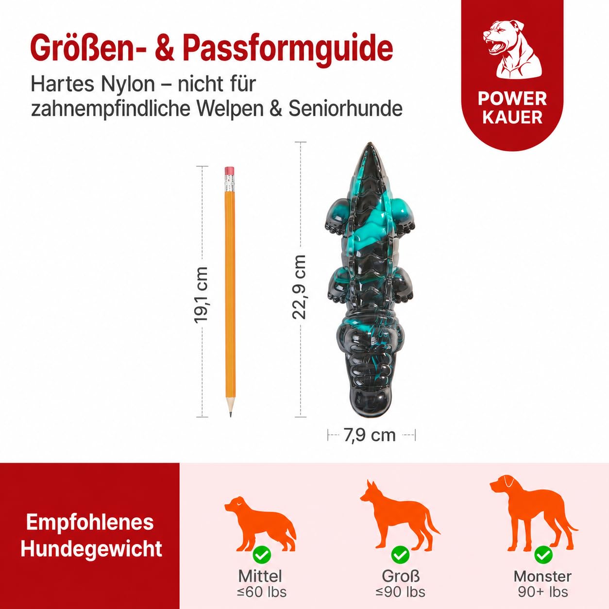 Potaroma Hunde-Kauspielzeug Krokodil, Nylon, Rindfleisch, Petrol/Schwarz | Ca. 23,6 × 7,6 × 4,6 cm; für kraftvolle Kauer ab ca. 27 kg; nicht für Welpen oder kleine Rassen; unterstützt Zahngesundheit