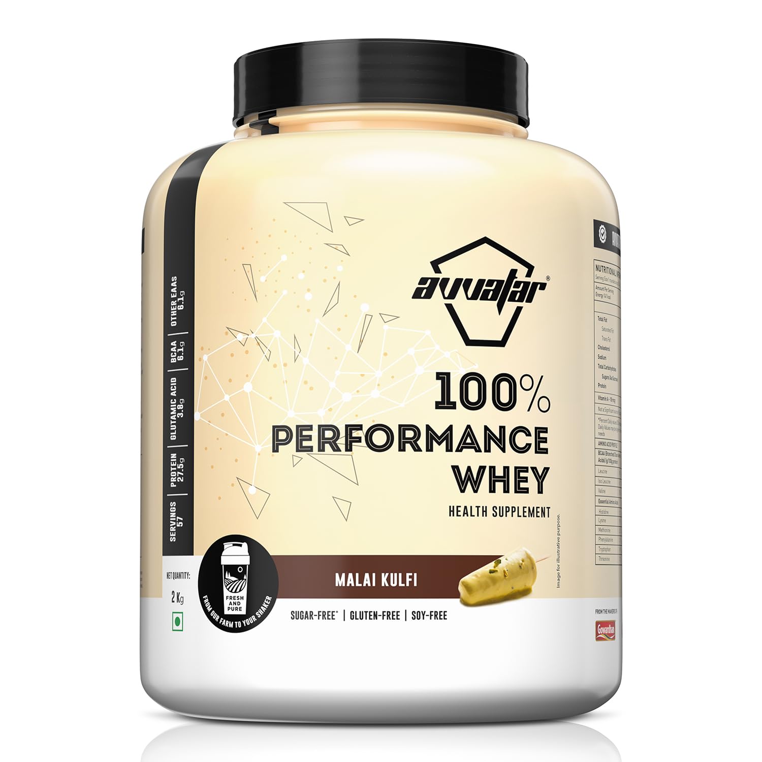 avvatar PERFORMANCE WHEY PROTEIN | 2Kg | Malai Kulfi Flavour | 27.5g protein | 57 servings