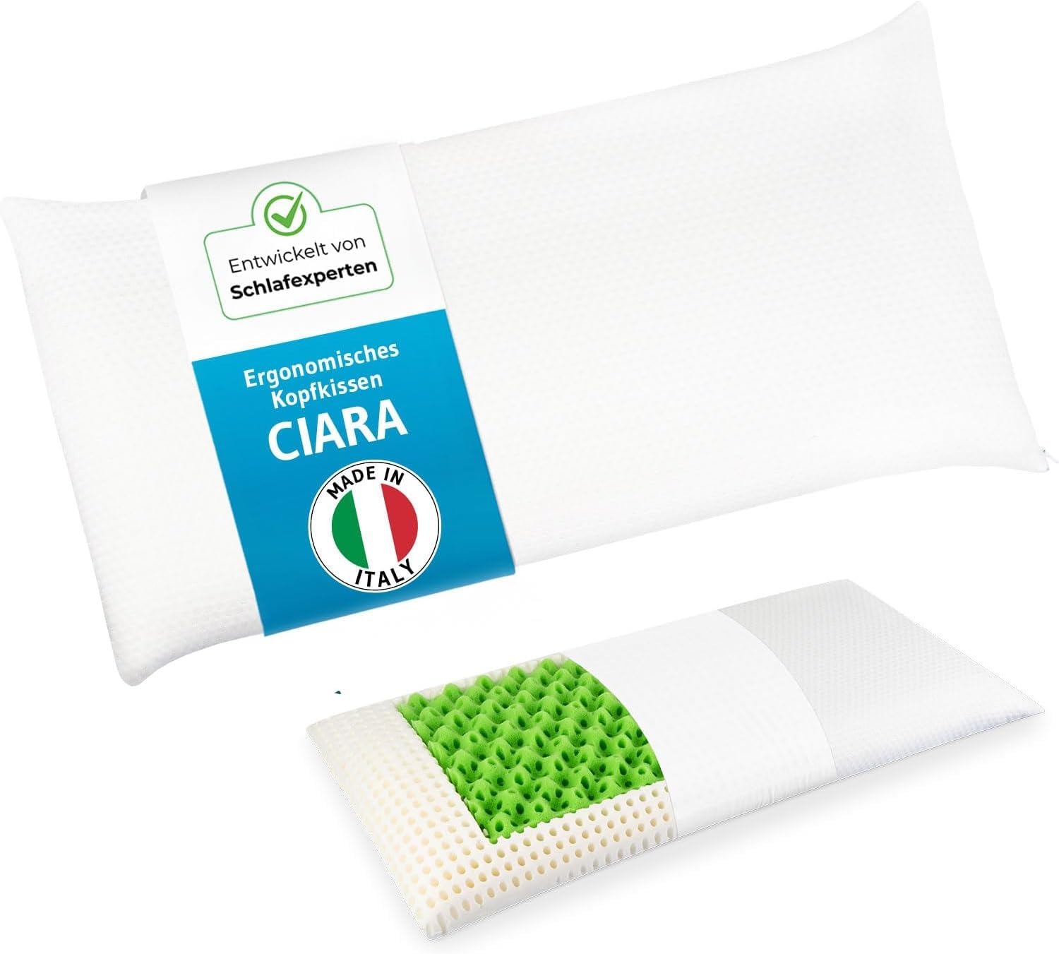 Almohada ergonómica para dormir de lado y de espalda, fabricada en Italia