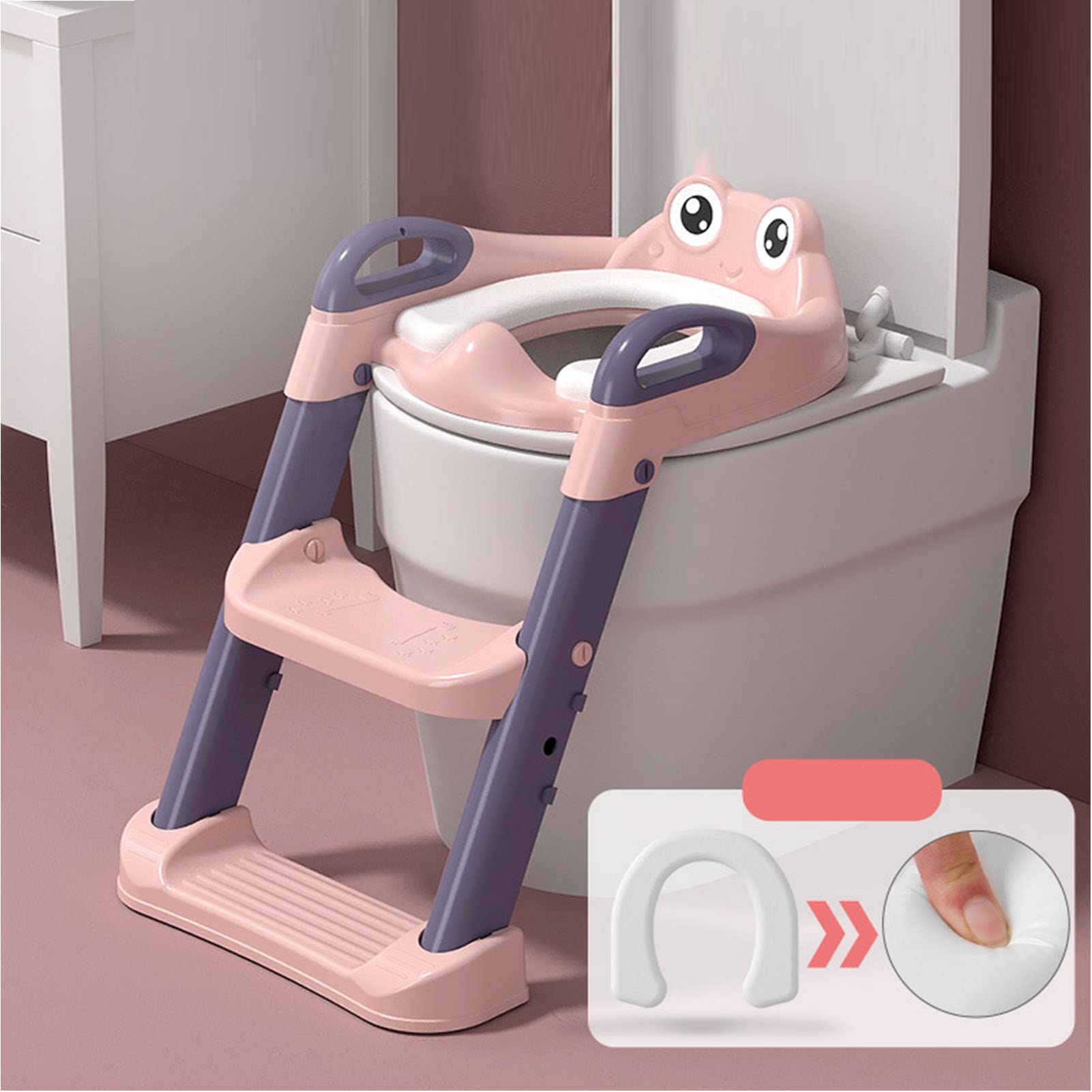Sedile WC per Bambini con Vasino, Design Antiscivolo e Altezza Regolabile per Bambini Indipendenti, Materiale in PVC Morbido (Rosa)