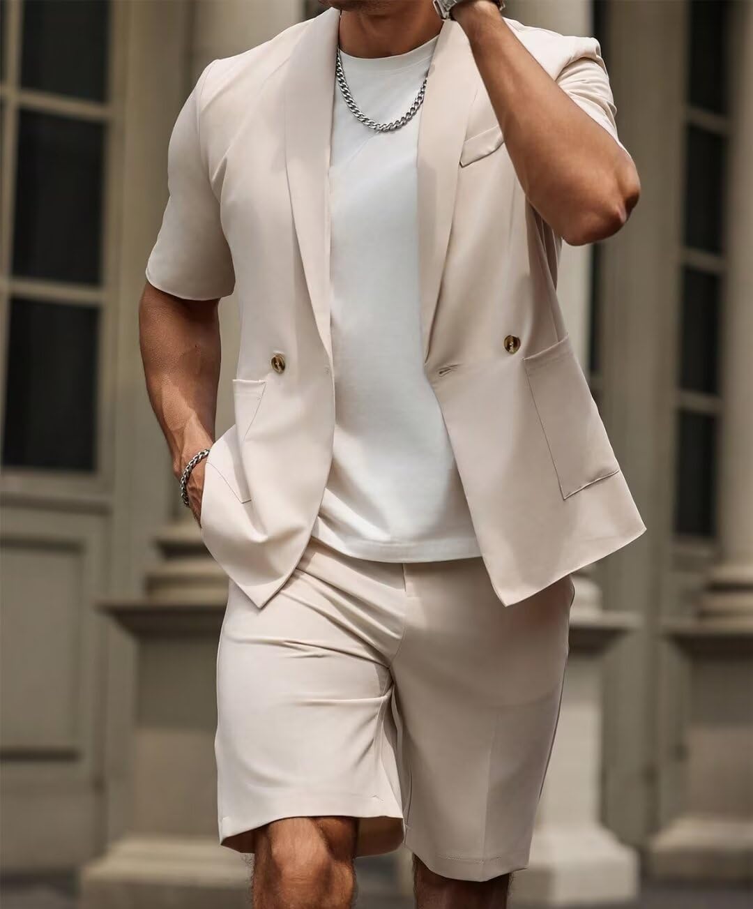 SAROULU Shorts Mens Suit 2 Piece Grooms Beach Wedding Slim Fit Tuxedo Suit Blazer & Shorts Set