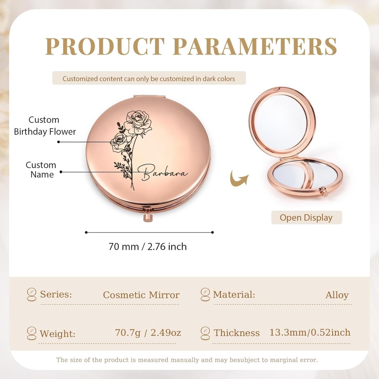 Spersonalizowane kompaktowe lusterko do makijażu niestandardowe lusterko kieszonkowe upominki ślubne dla gości składane lustro pamiątki ślubne druhny prezent niestandardowy kwiat urodzenia kompaktowe