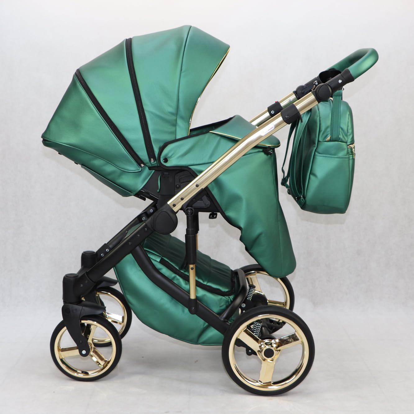 Passeggino Happy Gold Trio BBtwin ecopelle 3 pezzi passeggino bambino 3in1 pelle e oro dettagli dorati (verde)