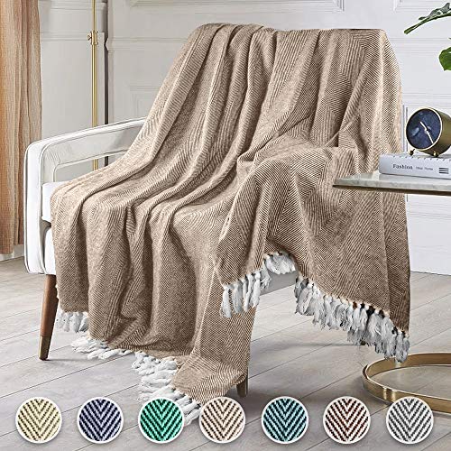 Manta Manta para sofá Manta de Punto patrón de Espiga con Elegante Borlas Manta de Cama Colcha para sofá, sillón o Cama (Caqui-R, 250 x 230 cm)