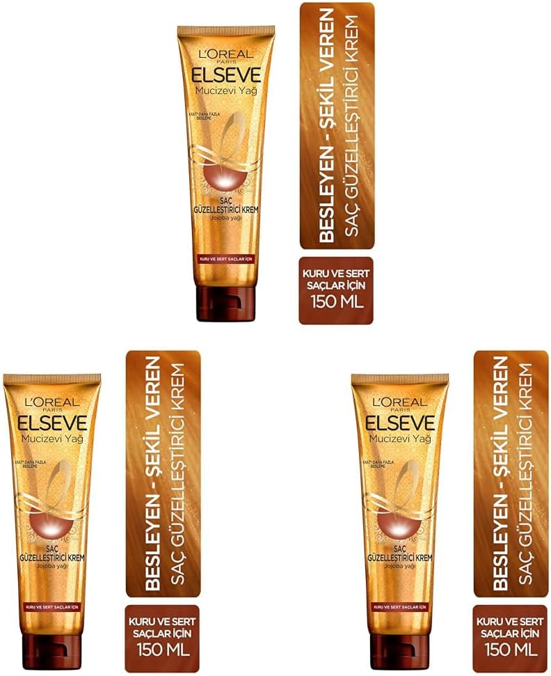 L’Oréal Paris Elseve Mucizevi Yağ Saç Güzelleştirici Krem (150 ml) - Kuru ve Sert Saçlar İçin 3lü paket