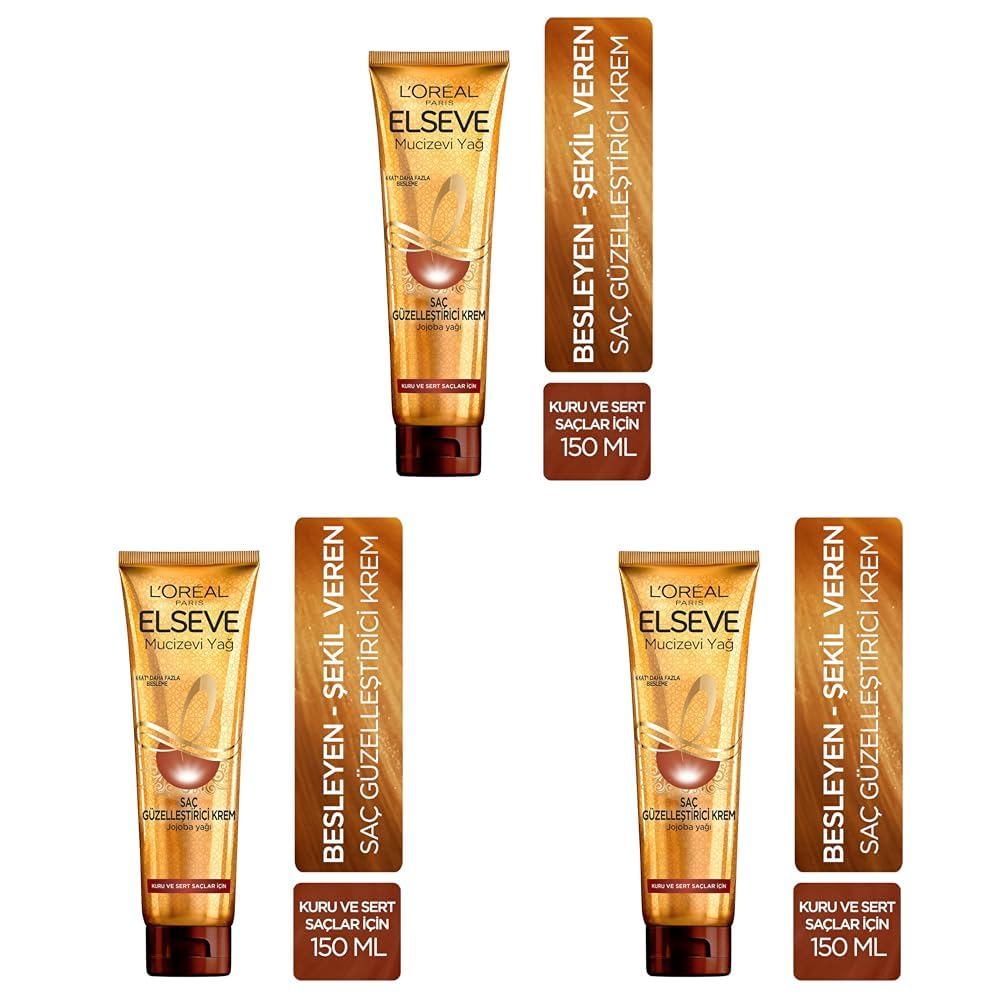L’Oréal Paris Elseve Mucizevi Yağ Saç Güzelleştirici Krem (150 ml) - Kuru ve Sert Saçlar İçin 3lü paket