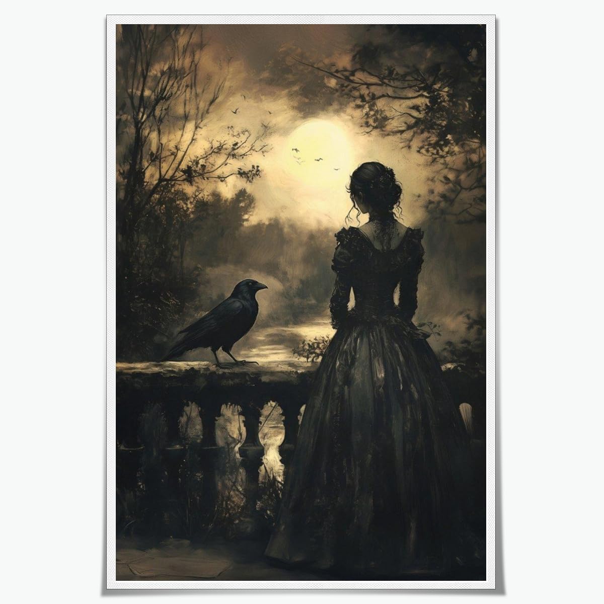 Gothic Woman with Raven Art - Dark Romance Balcony Scene Print - Premium Canvas or Paper - for Poe Fans Study Gothic Bedroom Decor-24x36inch Unframed