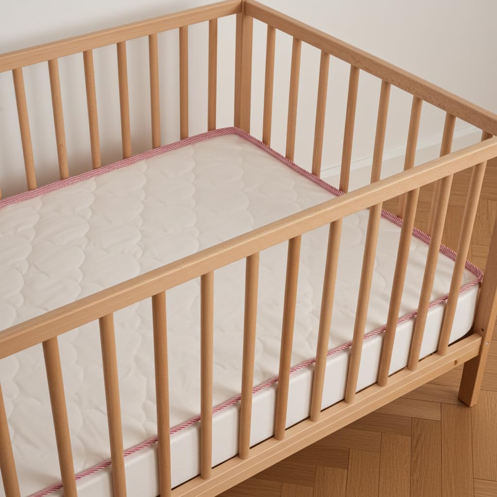 Babysom - Matelas Bébé 60x120 cm - Réversible Été/Hiver - Face Été Respirante & Face Hiver Ouatinée - Épaisseur 8 cm - sans Traitement Chimique - Certifié Oeko-Tex - Ganse Rouge