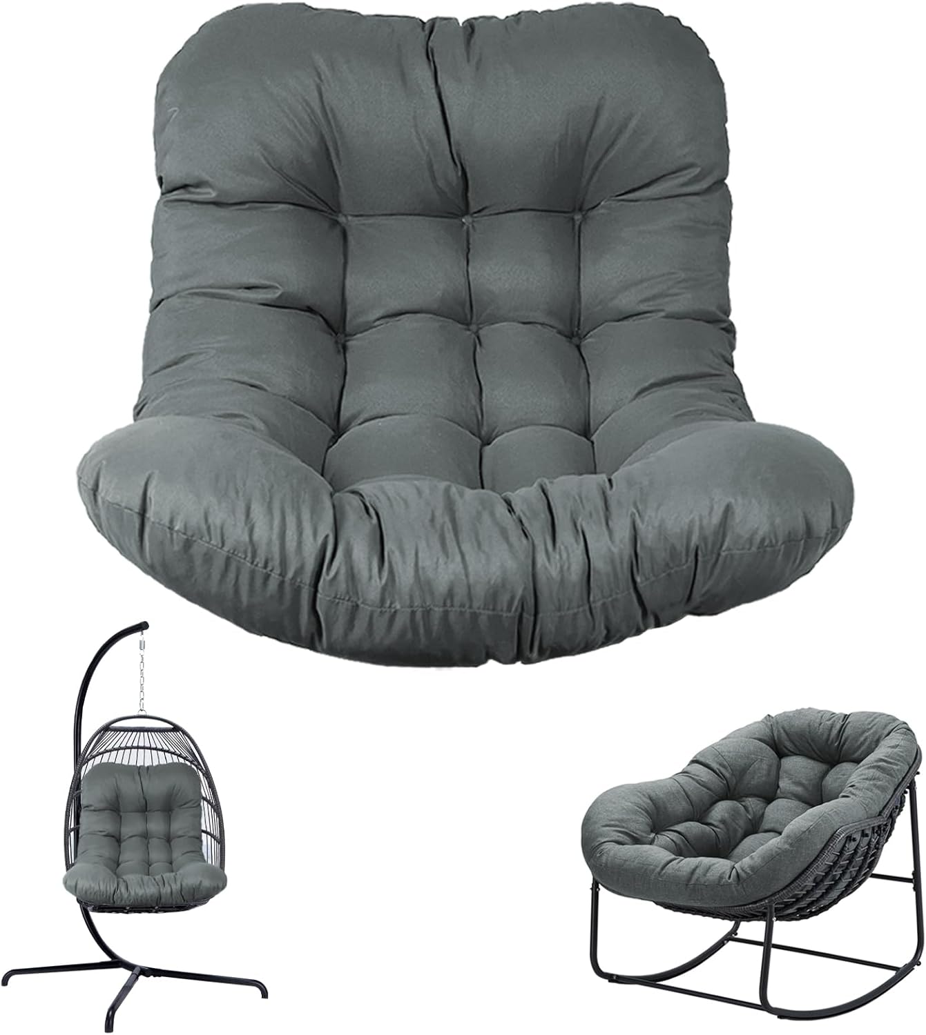 Egg Chair Cushion Replacement, 7.8in Thick Waterproof Hanging Egg Chair Cushions, Outdoor Papasan Rocking Chair Cushions with Ties, Hammock Chair Pad for Indoor Outdoor (only Cushion) (GRAY1)