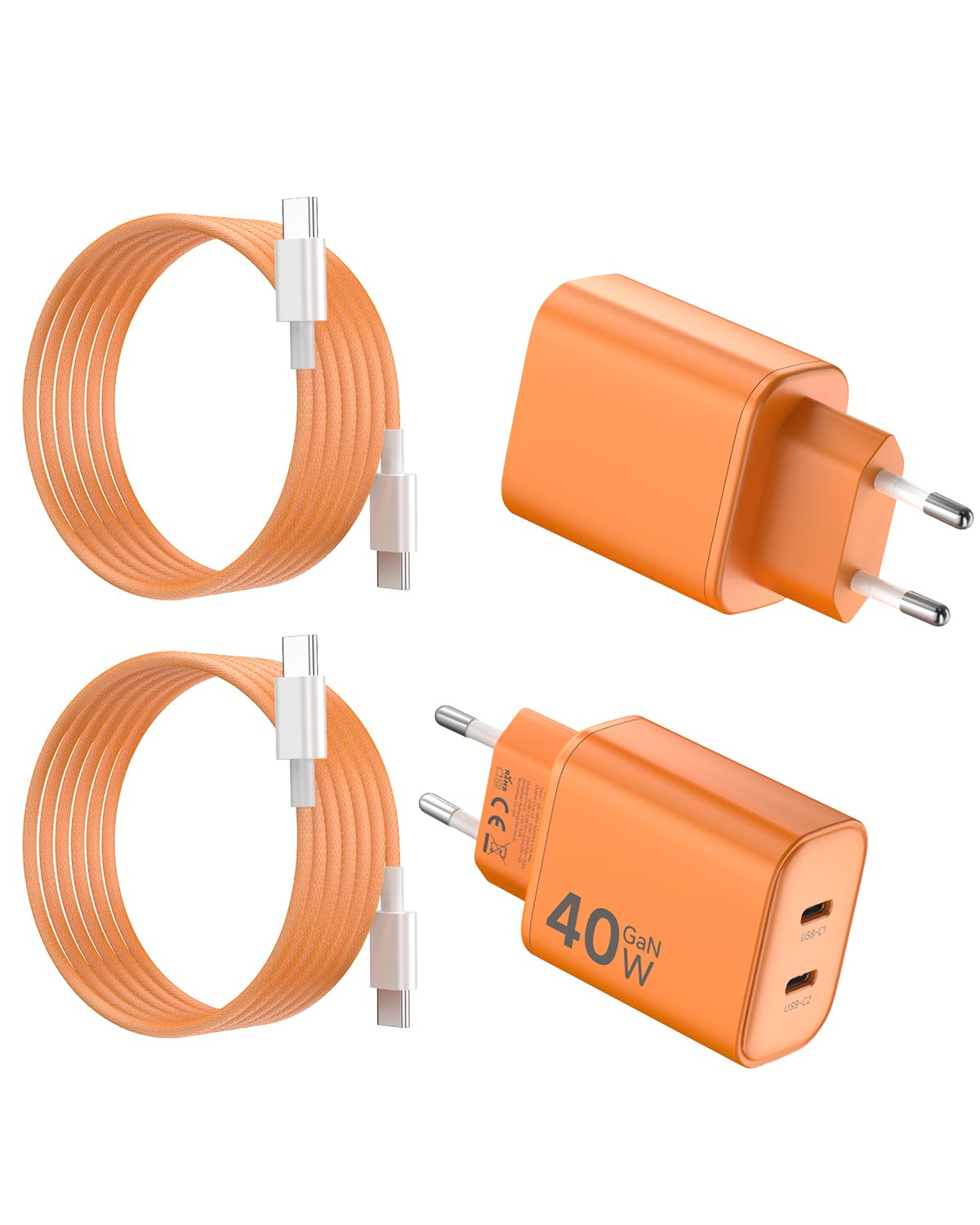 2Pack Cargador 40W para iPhone 17Pro, 2 Puertos USB C Cargador Rápido con USB C Cable de 2M para iPhone 17Pro Max/17 Pro/17/16/15, para iPad Pro/Mini/Air | Naranja Cósmico