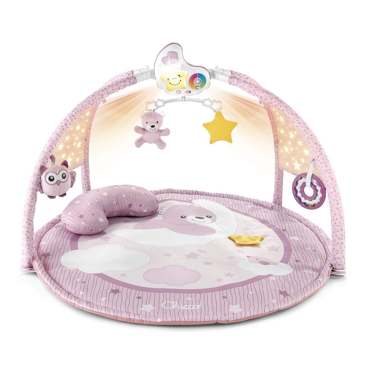 Chicco Palestrina dei Colori Rosa 3In1, Palestrina Neonato Multifunzione Elettronica con Tappeto Neonato, Proiettore Stelle, Luce Notturna Removibile & Set Igiene per Cura dei Bambini, Rosa