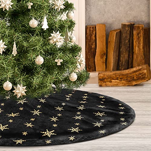 Atiming Black Plush Christmas Tree Skirt 36in Faux Fur Glitter Christmas Tree Skirt with Gold Sequin Snowflake Xmas Tree Skirt Mat for Christmas Halloween Holiday Decorations (Black-G, 90cm)