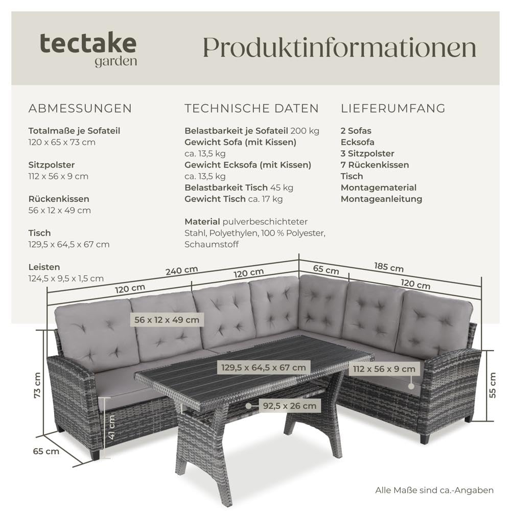 tectake® Gartenbank, Set mit Bank und Esstisch, Rattan Eckbank Outdoor Lounge, Sitzecke wetterfest als Gartenlounge, Balkon Möbel, Wintergarten, Terrasse - grau