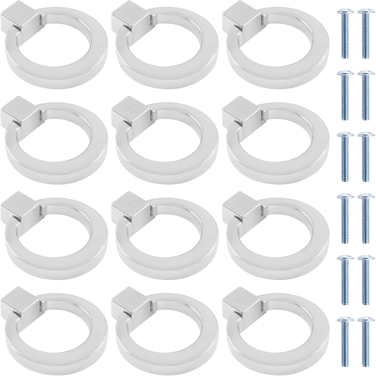 12 Pcs 1.9" x 1.6" Zinc Alloy Cabinet Ring Knobs,Drawer Ring Pulls,Single Hole Dresser Ring Handles with Screws for Kitchen & Furniture (Chrome)