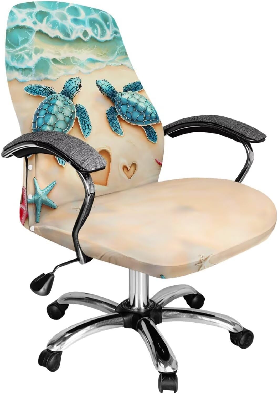 Talayituse Beach Turtle Starfish Heart Print Office Chair Cover Stretchable Desk Chair Covers Thick Checked Jacquard High Back Office Seat Cover Universal Rotating Chair Covers, Large