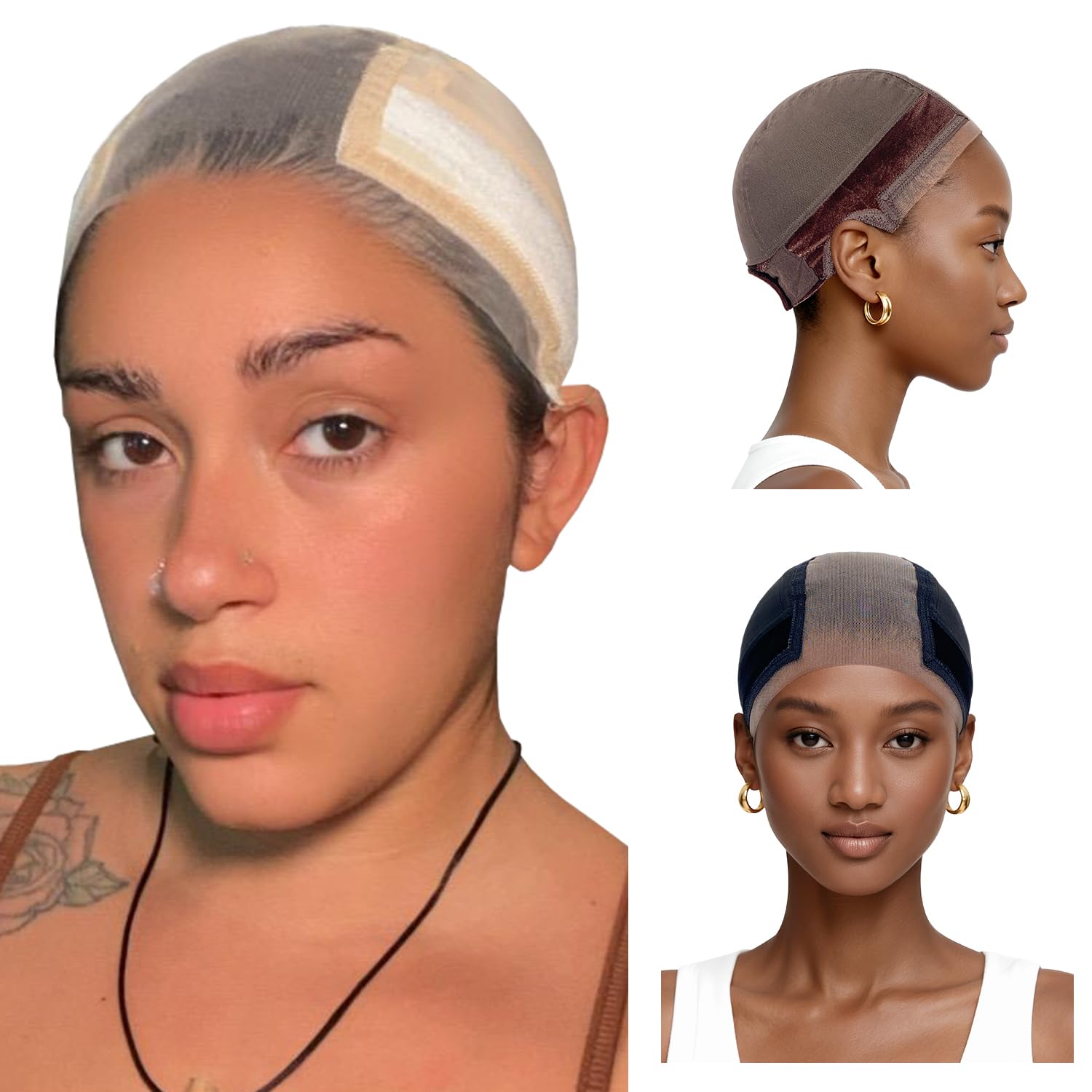 LABHAIRS Wig Cap with Grip Band for Keeping Wigs in Place, More Full Cap-wide Transparent Lace for Lace Front Wigs - Brown/Black/Nude Non Slip Cap