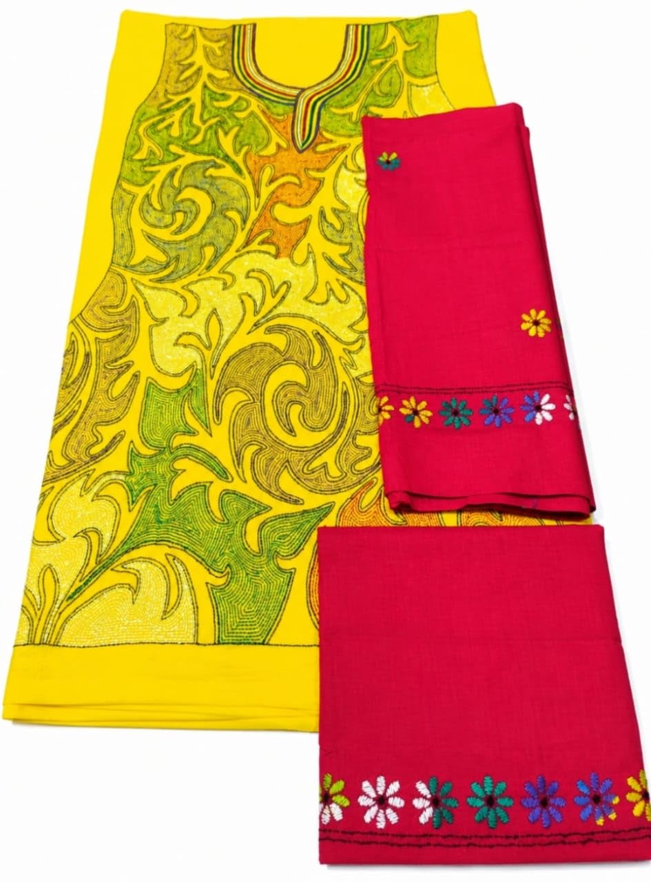Kantha Stitch Hand Embroidery Salwar Suit Piece Yellow Maroon-image-49