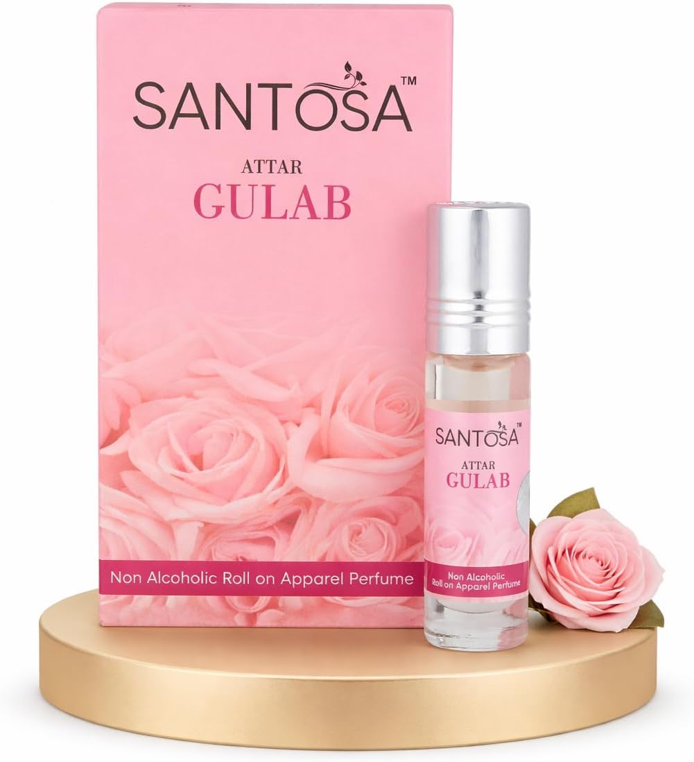 Santosa Gulab Attar Original 6ml Roll-On - Alcohol-Free, Oil-Based Rose Itra/Ittar/Attar for Men & Women, Long-Lasting Floral Scent for Pooja, Puja, & Everyday Use