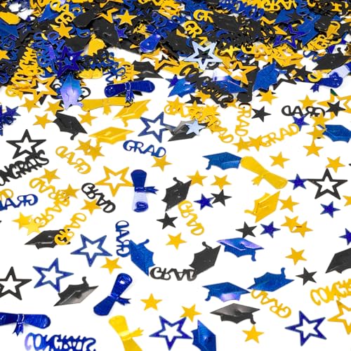 Image of Blue Gold and Black Graduation Confetti 2026, 1000 Pcs Congrats Grad Confetti Class of 2026 Party Table Centerpiece for 2026 Graduation Party Decorations