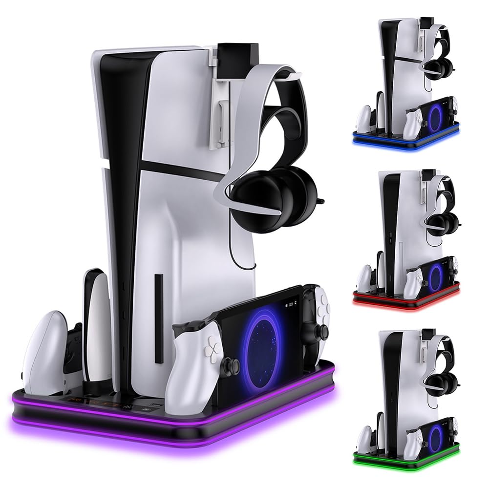 Dock di ricarica for controller JUCHRZEY con luce RGB for stazione di raffreddamento del portale PS5 for PS5/PS5 Slim Disc e digitale (B)