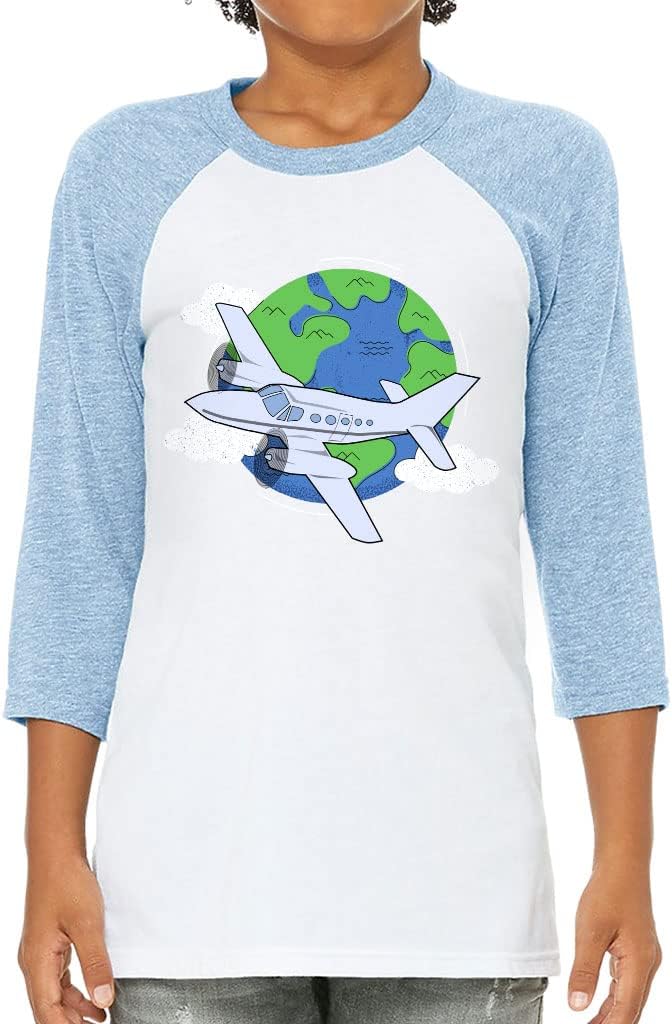 Planet Print Kids' Baseball T-Shirt - Earth 3/4 Sleeve T-Shirt - Airplane Baseball Tee