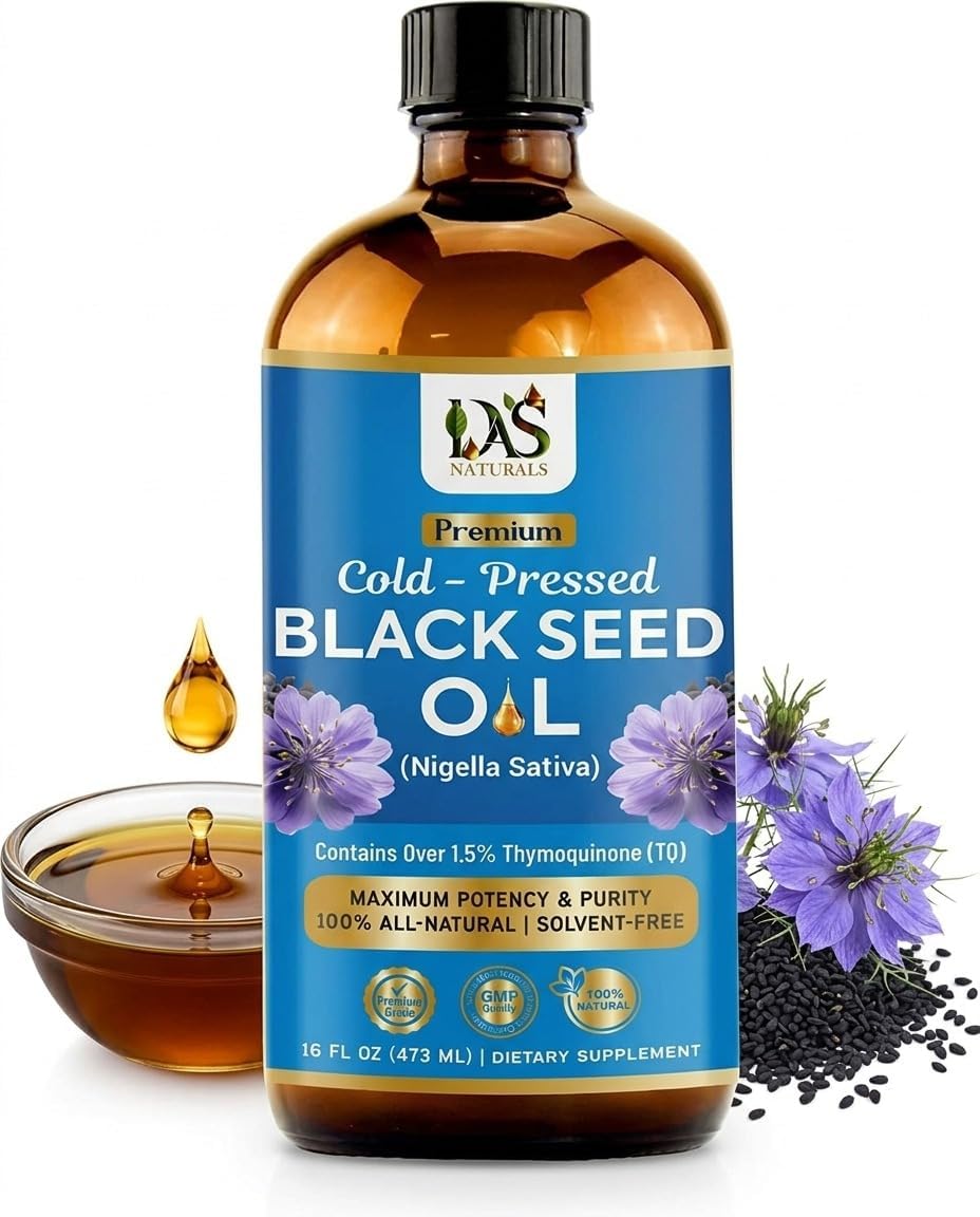 Black Seed Oil Cold-Pressed 16oz | Unrefined Nigella Sativa, 3 Times Thymoquinone (Over 1.5%) | 100% Pure and Natural Black Cumin Seed Oil, Omega 3 6 9, Non-GMO, Vegan