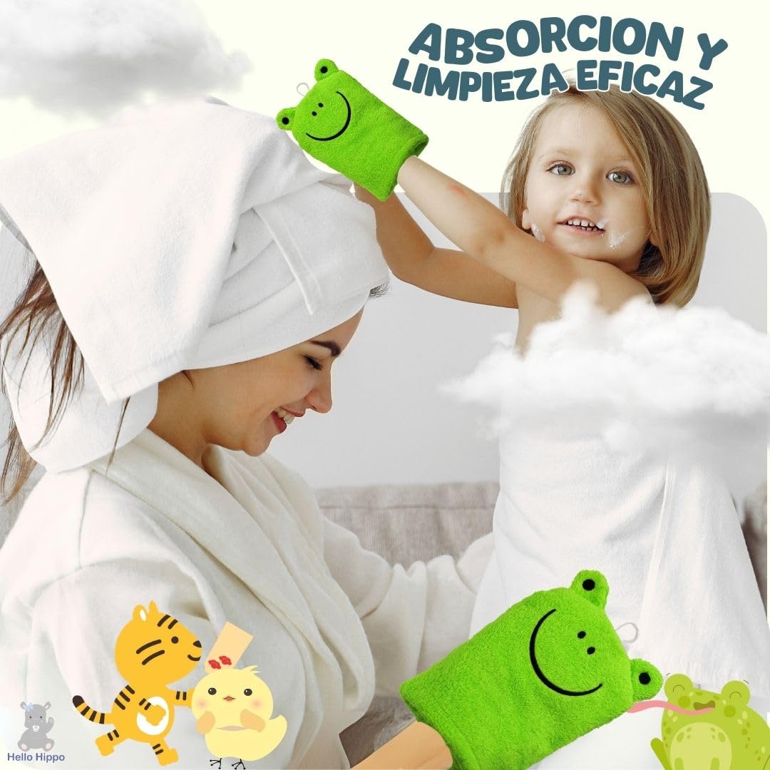 Hello Hippo® Juego de 6 Manoplas de Baño Bebé – 3 para Padres + 3 para Niños – 100% Algodón Suave – Tigre, Pollito y Rana – Esponjas Bebé, Recién Nacido Lavables