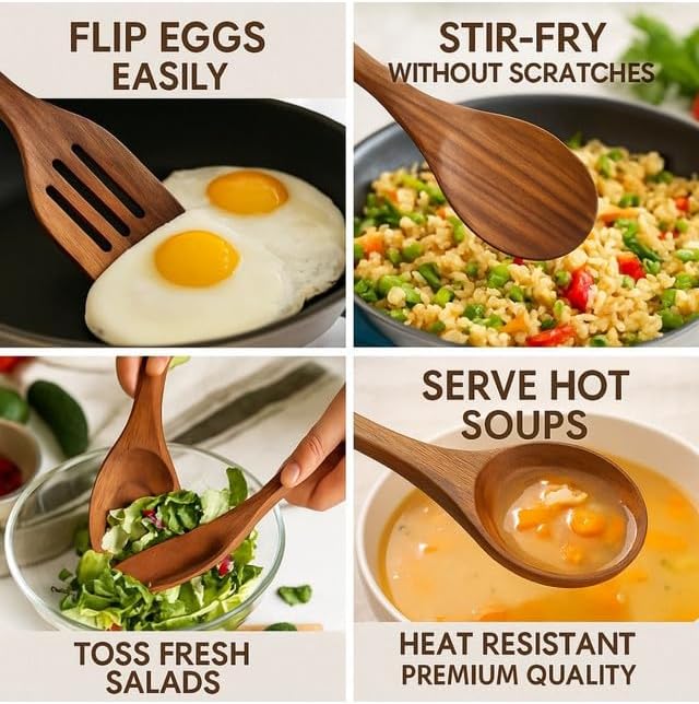 Natural Teak Wood Cooking & Serving Spoons Set (9-Piece) | Wooden Kitchen Utensils with Holder & Spoon Rest | Non-Stick Safe, Food-Grade, Durable & Elegant Cookware Tools - Image 5