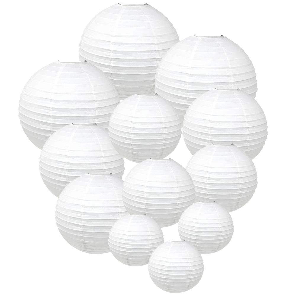 Just Artifacts Decorative Round Chinese Paper Lanterns 12pcs Assorted Sizes (Color: White)