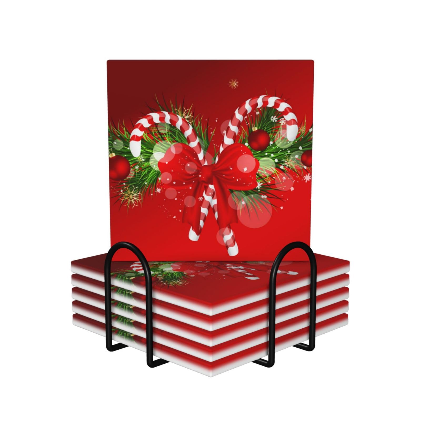 Set di 6 sottobicchieri in ceramica assorbenti rossi con stampa di caramelle natalizie, sottobicchieri da bar con base in sughero, per ufficio e decorazione della casa