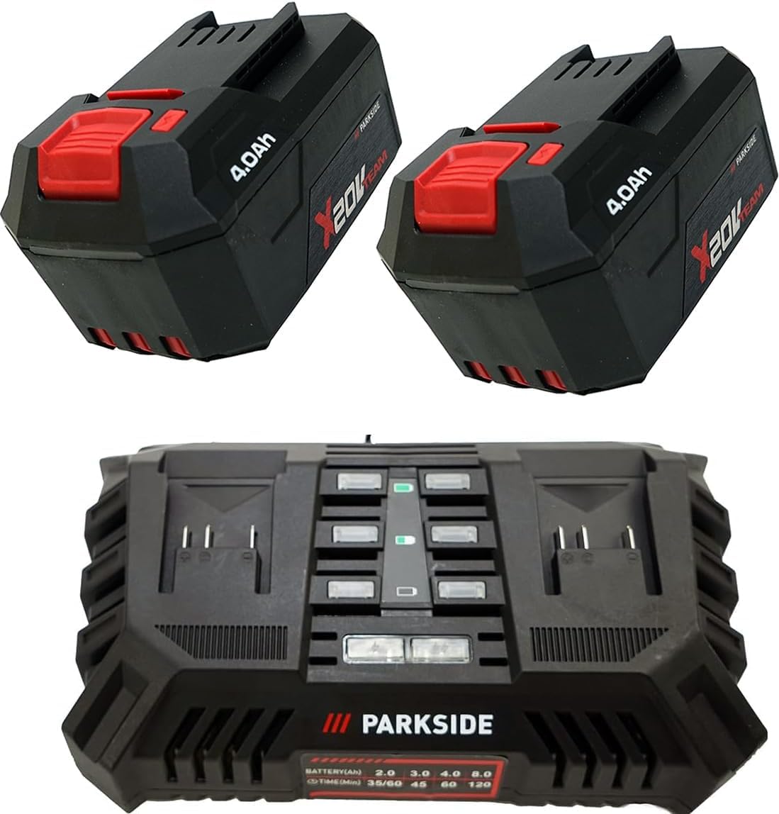 Offerta per batterie originali 20 V / 4 Ah (2 pezzi) con caricabatterie doppio 2 × 4,5 A – compatibili con la serie PARKSIDE X 20 V Team / 20V 4Ah